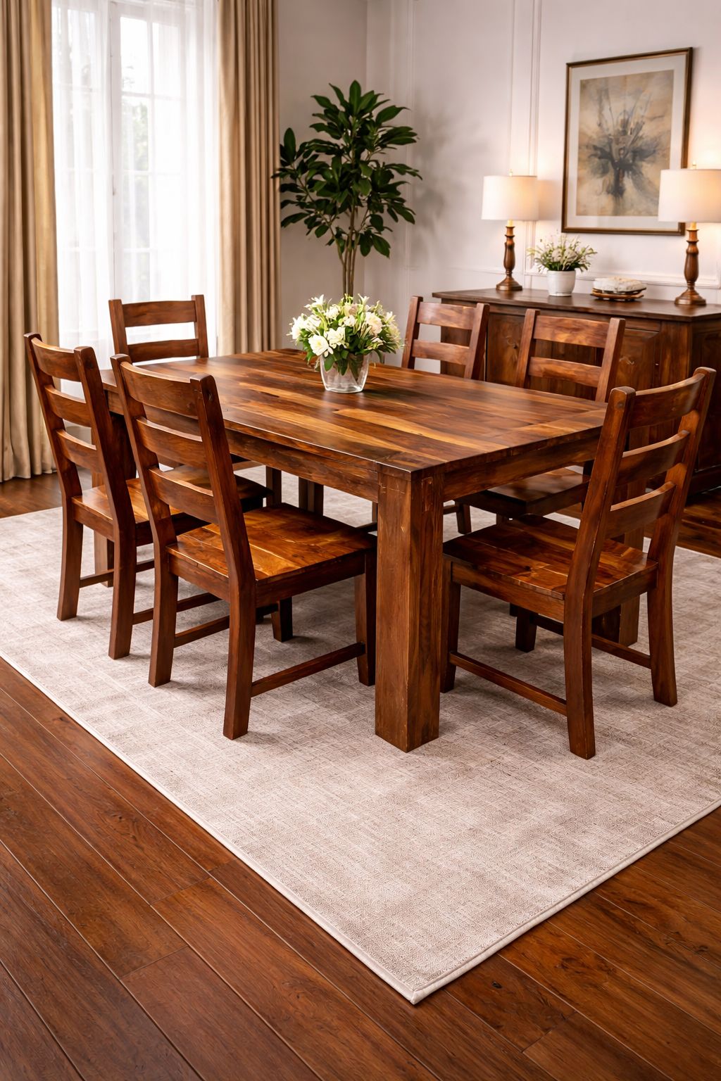 Windsor Solid Wood Dining Set – 7PC Rustic Two-Tone
