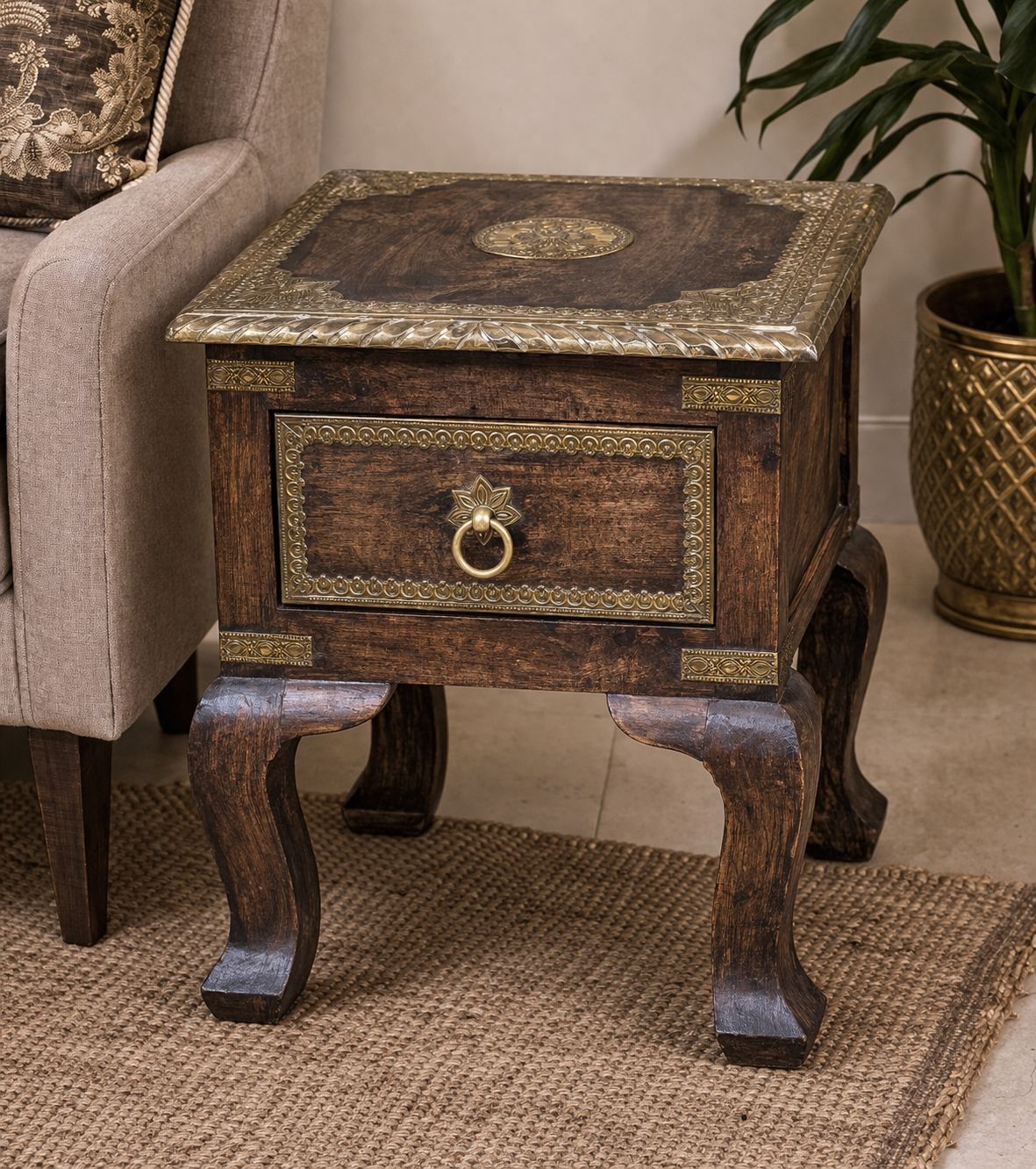 Hand-Carved Solid Wood Accent Table - Brass Inlay