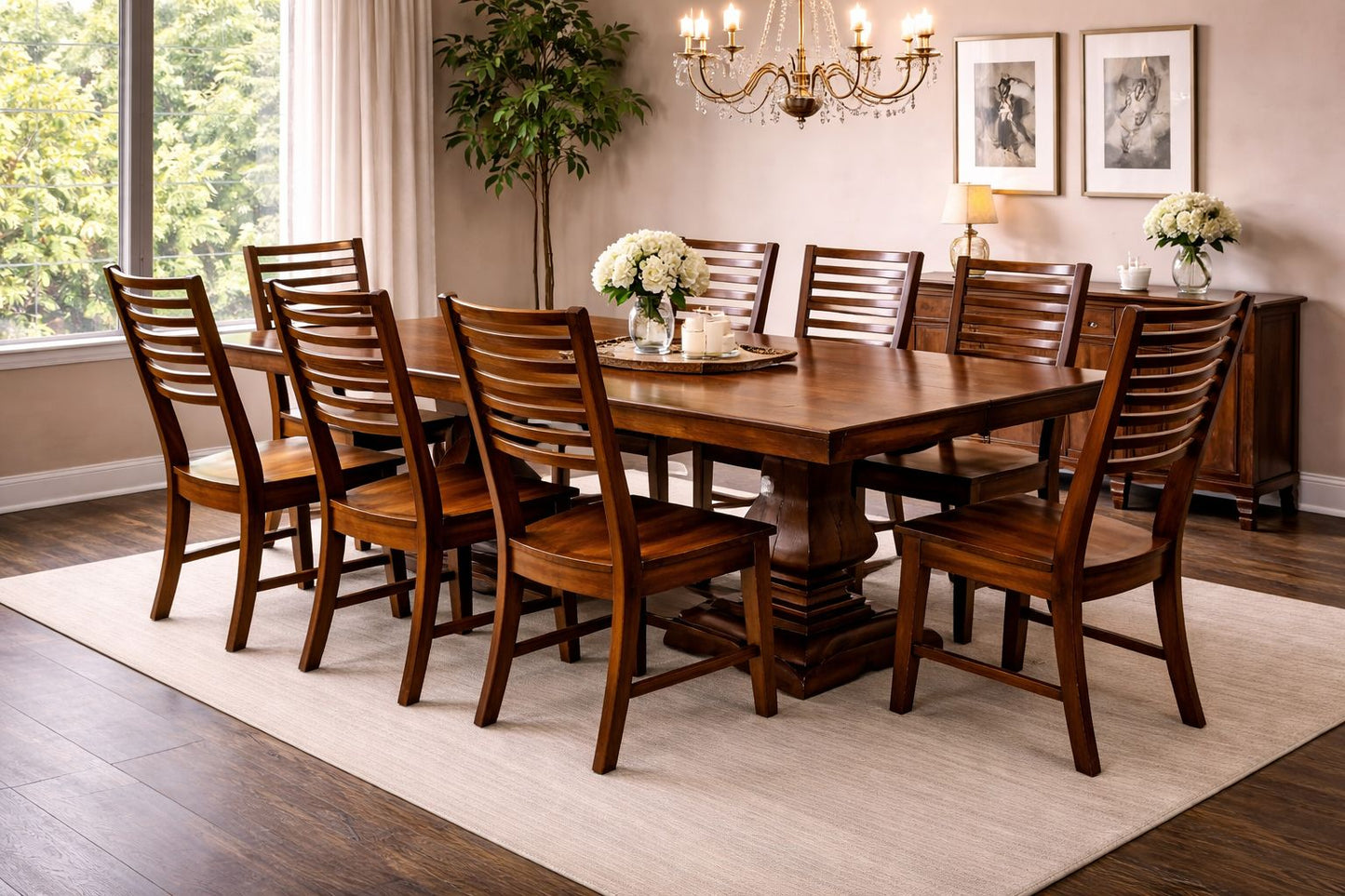 Hampton Grand Dining Set – 9PC Pedestal Walnut