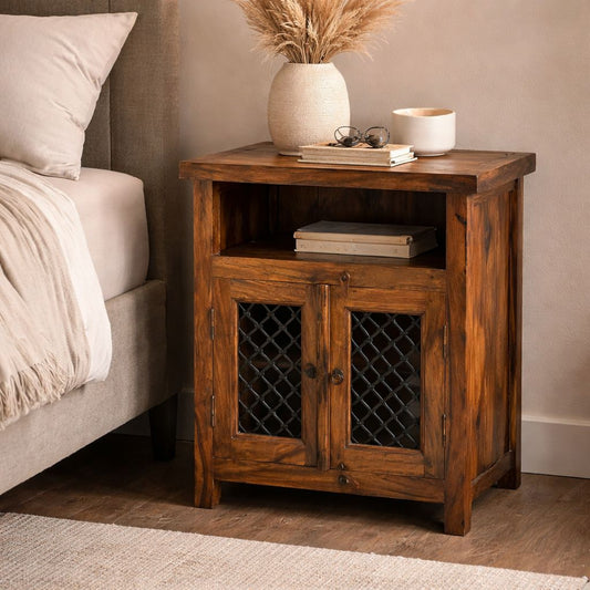 Rustic Solid Wood Side Cabinet - Metal Lattice Doors
