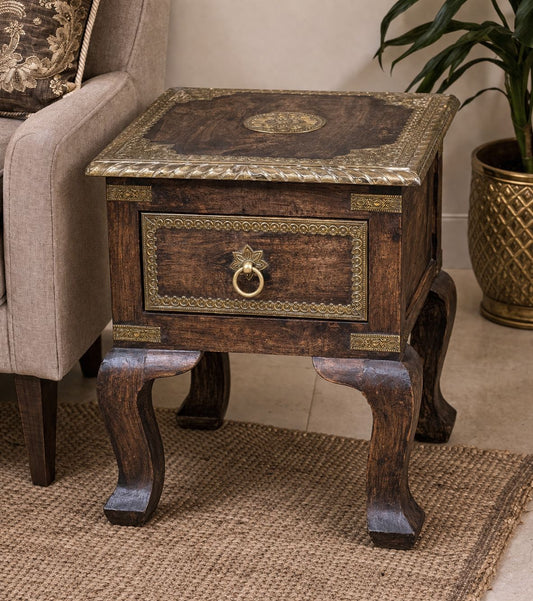 Hand-Carved Solid Wood Accent Table - Brass Inlay