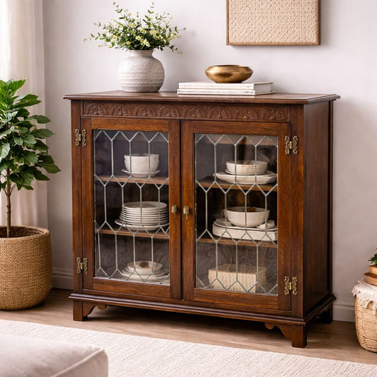 Vintage Oak Display Cabinet – Glass Panel Double Door