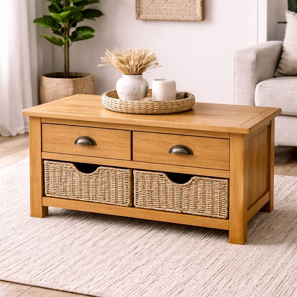 Solid Oak Coffee Table with Drawer & Basket Storage