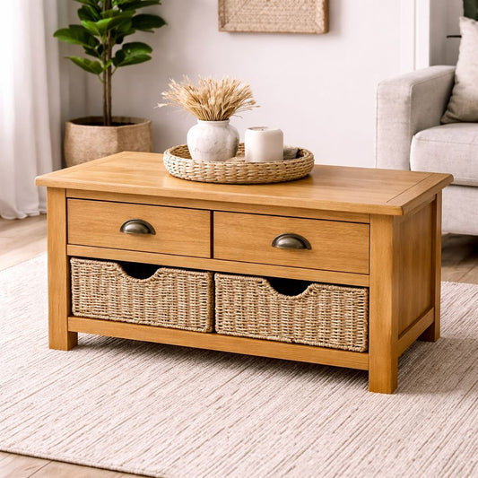 Solid Oak Coffee Table with Drawer & Basket Storage